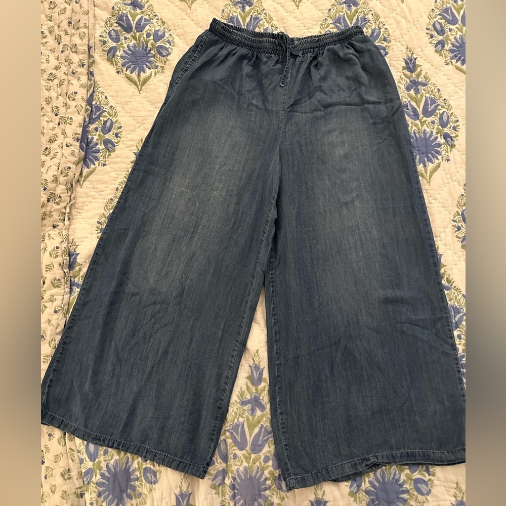 Wide Leg Denim Culotte Pants - Classic Indigo Blue